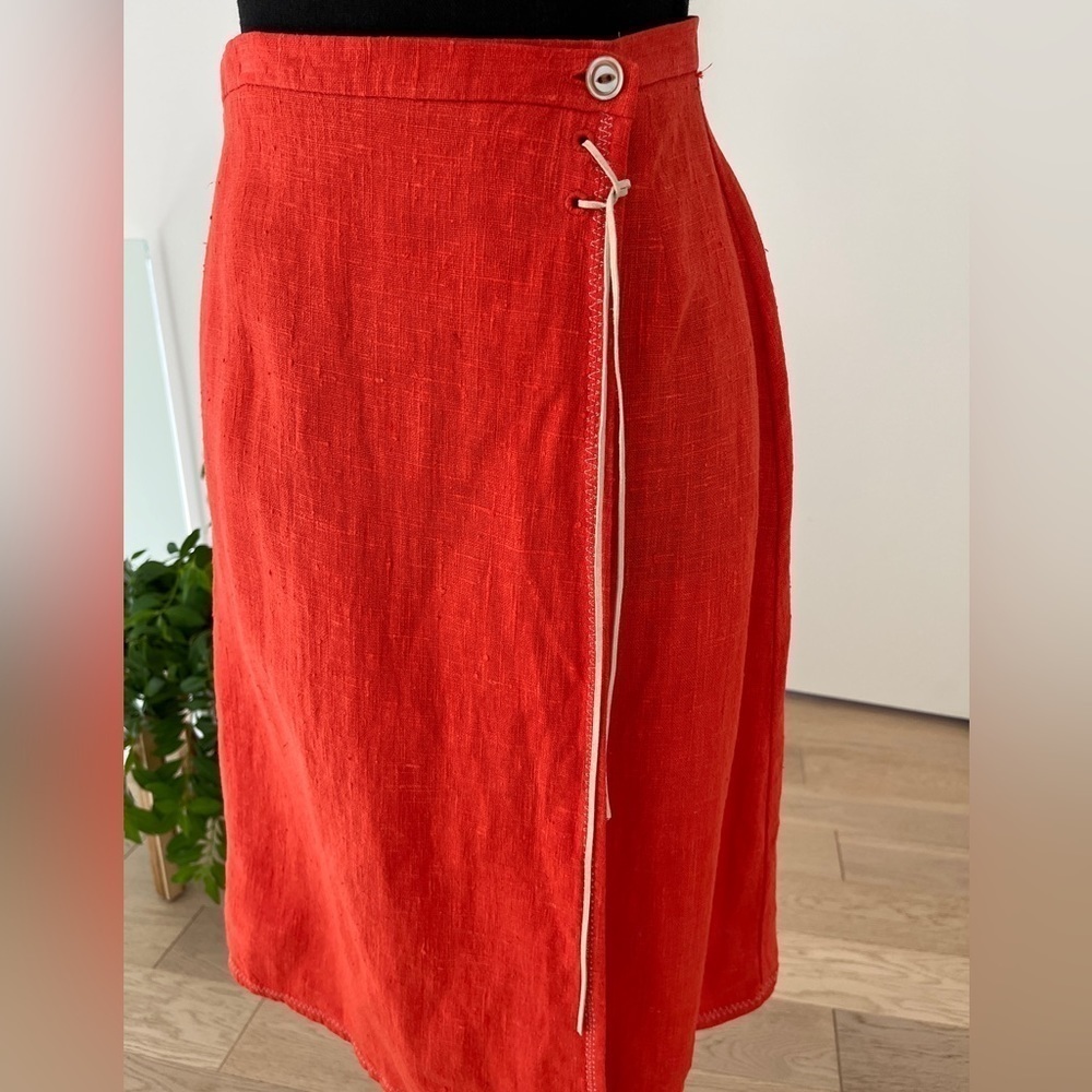 HARVE BENARD BY BENARD HOLTZMAN 100% Linen Wrap Midi Skirt Lacing Detail Summer